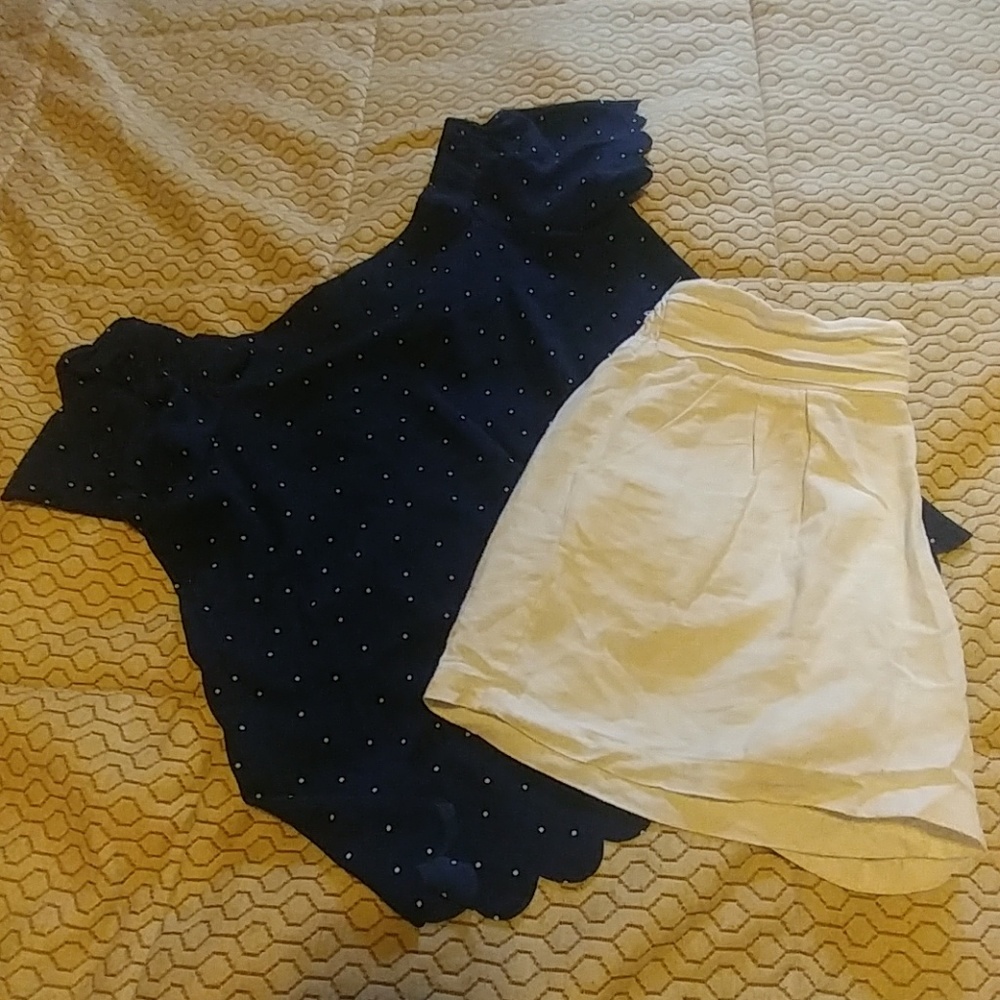 Elle Blue short sleeve blouse/ CY White shorts